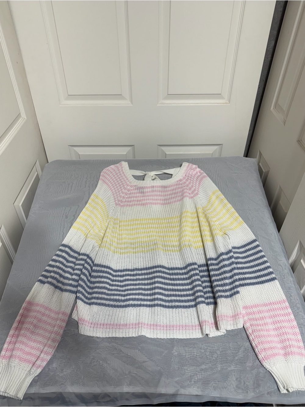 Altar'd State Pastel Striped Crewneck Sweater in White, Pink, Yellow & Blue-Gray